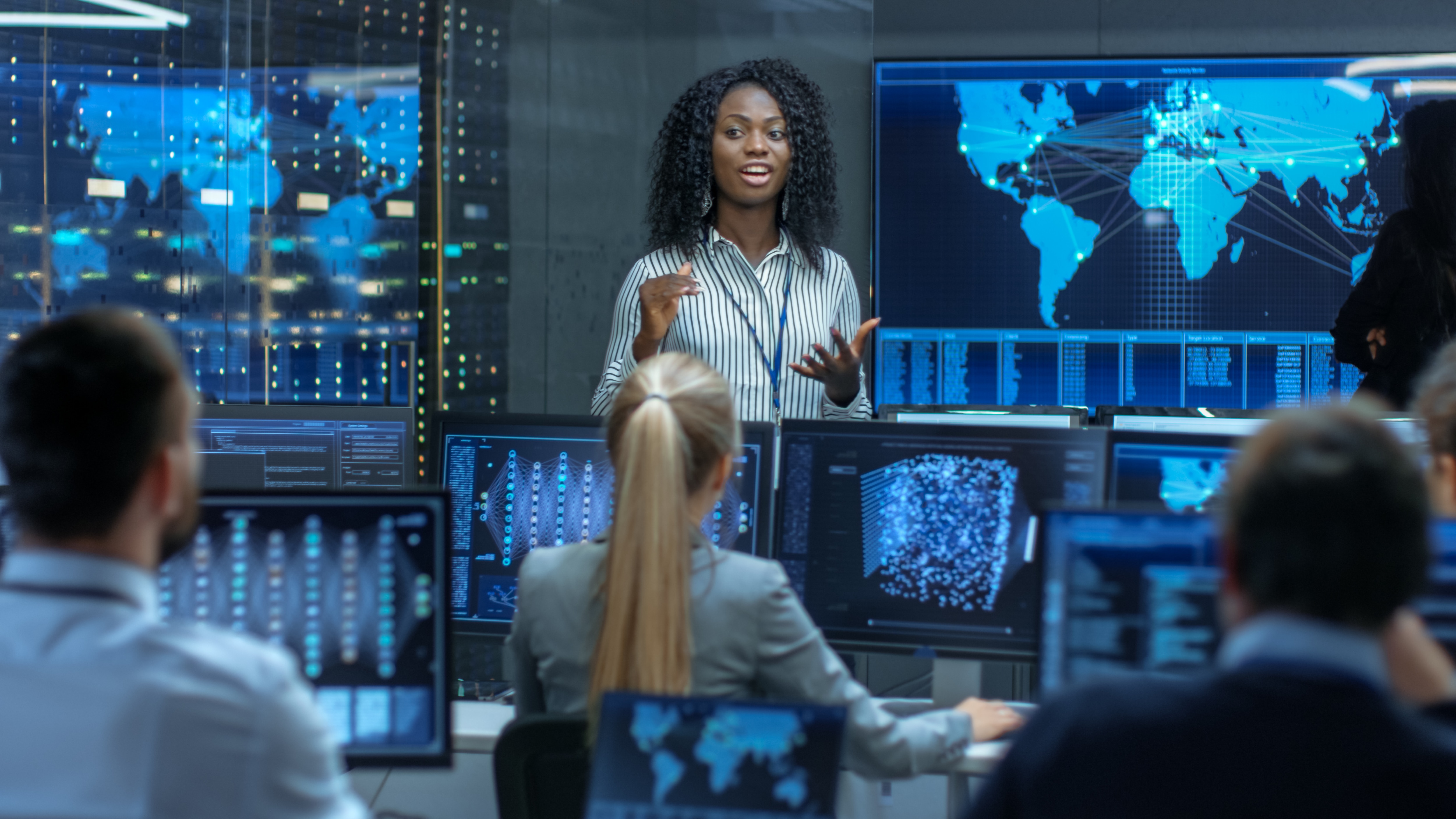 Chief Project Engineer Holds Briefing for a Team of Scientists that are Building Machine Learning System. Displays Show Working Model of Neural Network. , Chief Project Engineer Holds Briefing for a Team of Scientists t